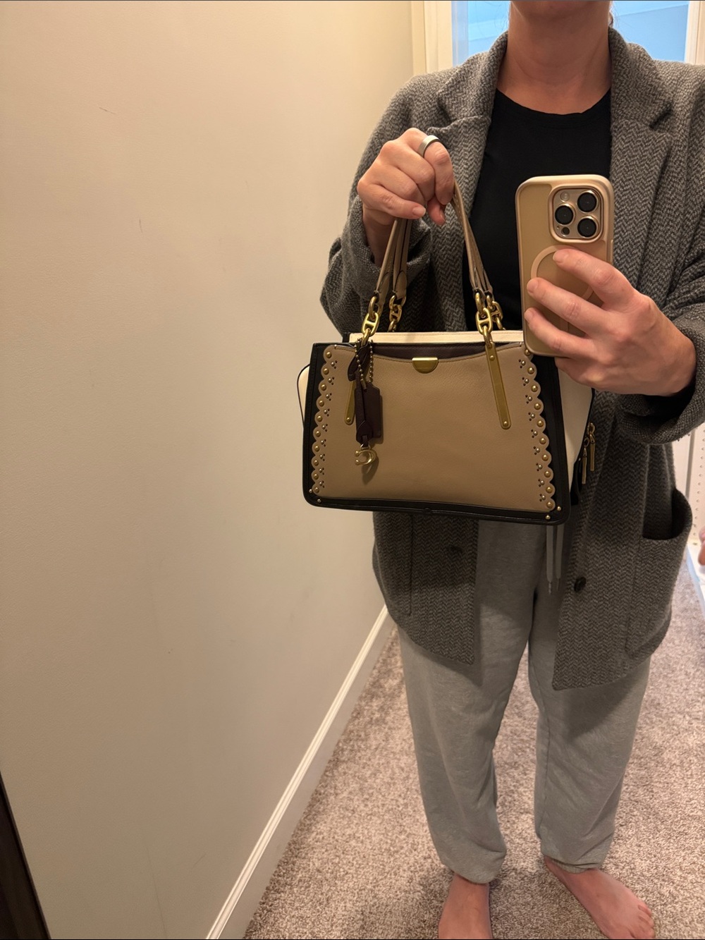 Coach Taupe and Black Leather Satchel with Gold Hardware - Picture 11 of 14